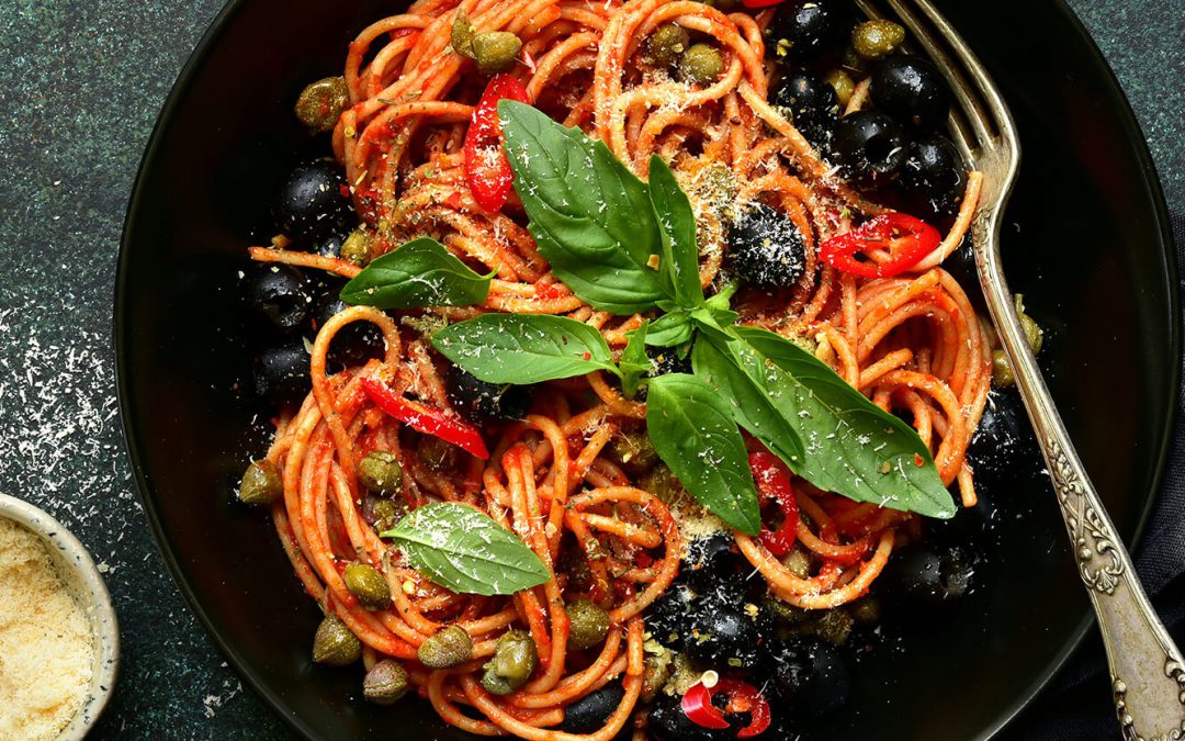 Spaghetti puttanesca met groenteballetjes