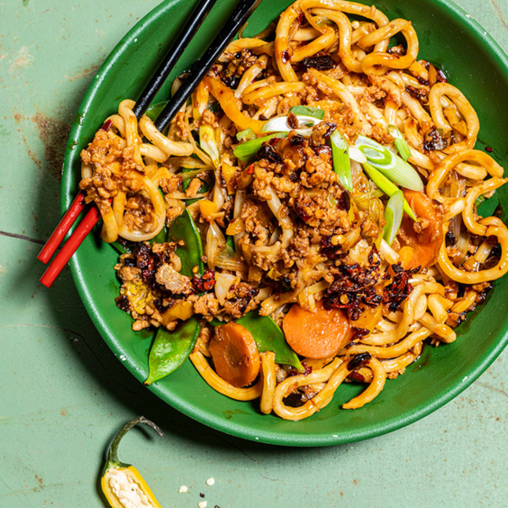 chinese crispy chili udon noodles with Greenway roughed beef