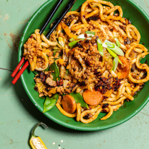 chinese crispy chili udon noodles met Greenway rulgehakt