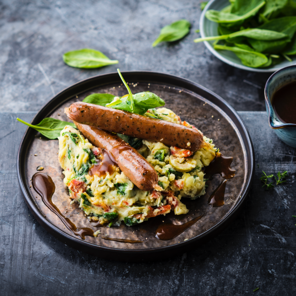 Greenway chipolata's with spinach puree and sundried tomato