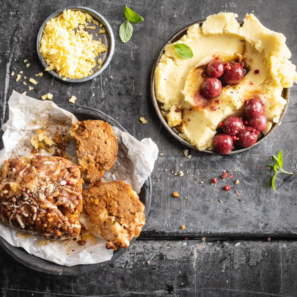 Meatloaf with mashed potatoes and cherries