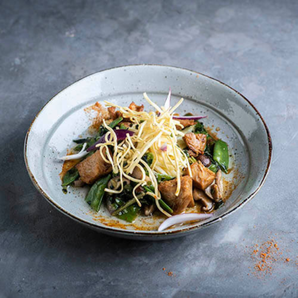 Japanese noodles with pak choi, mushrooms and sake and Greenway Filet pieces "Just like chicken"