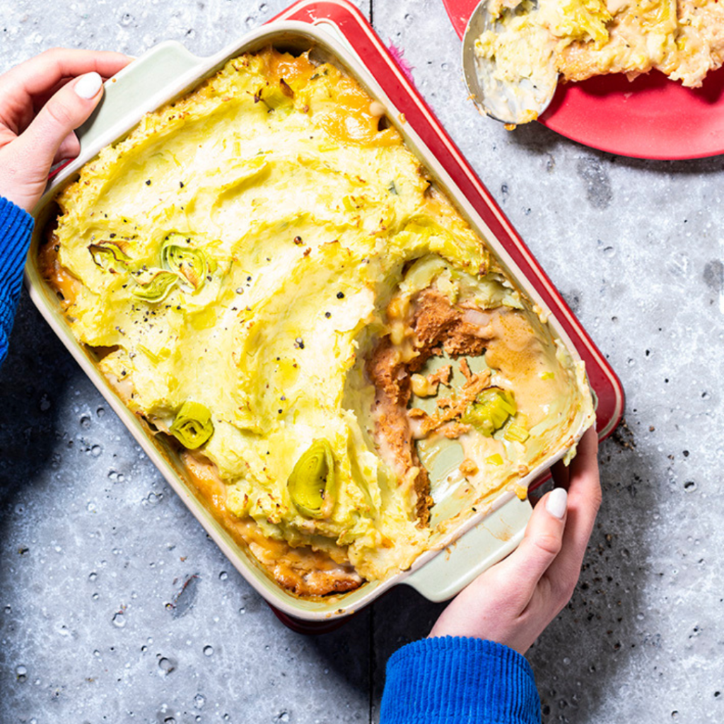 oven dish with Greenway minced meat, leek puree and cheese sauce