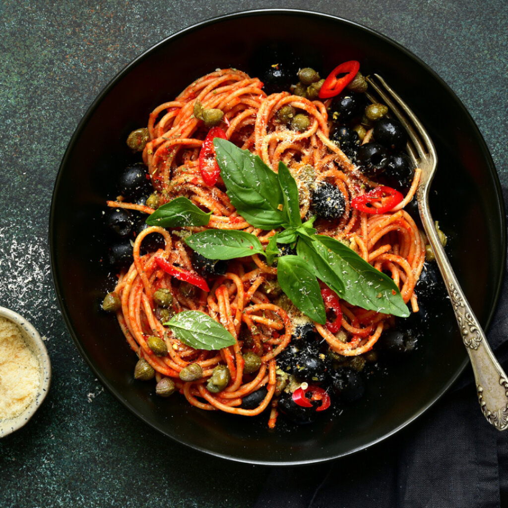 spaghetti puttanesca avec boules de légumes Greenway